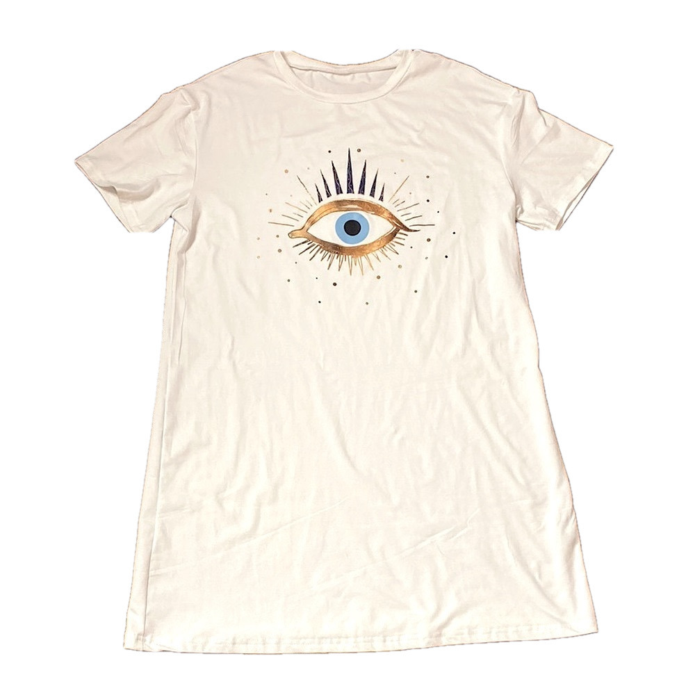🌷 Blue & Gold Eye White T-shirt Dress 🌷